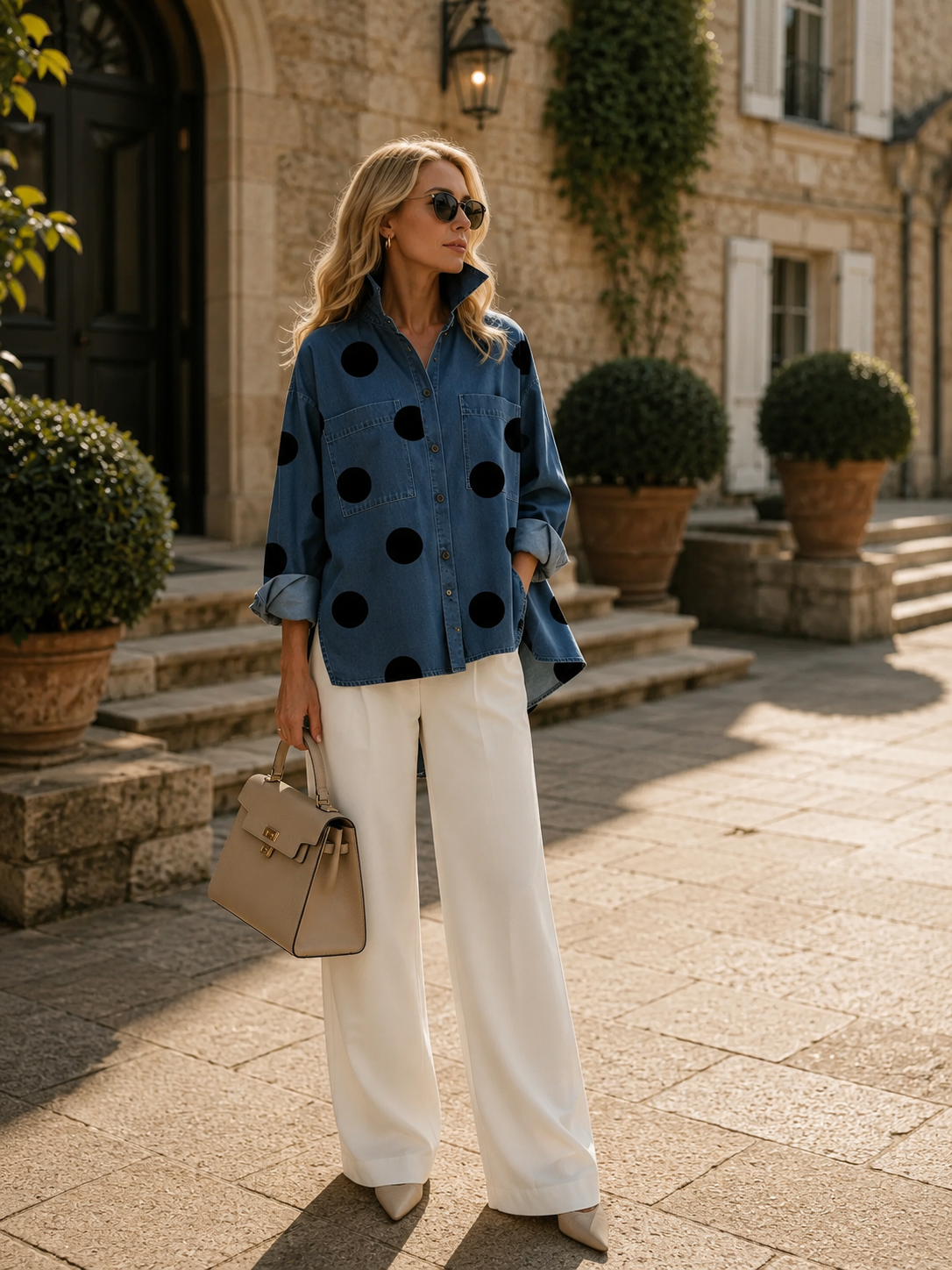 Aqira - Dames Overhemd Met Grote Stippen Oversized Moderne Gestructureerde Kraag