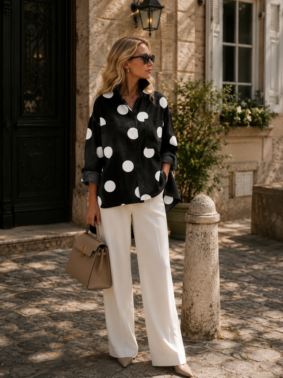 Aqira - Dames Overhemd Met Grote Stippen Oversized Moderne Gestructureerde Kraag