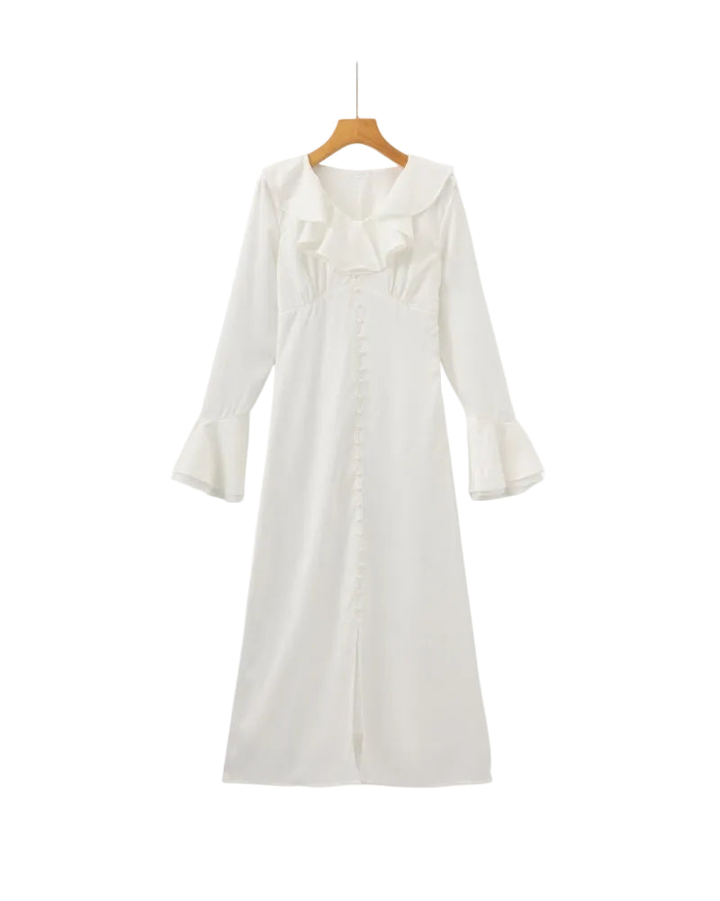 Pearl Button Ruffle Midi Jurk