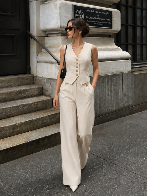 De Belvédère Set – Gilet met V-Hals & Pantalon met Wijde Pijpen
